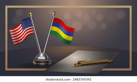 Small national flag of USA and Mauritius flag Relation, Template banner vector  Illustration