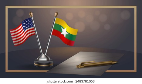 Small national flag of USA and Myanmar flag Relation, Template banner vector  Illustration