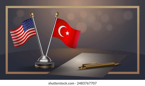 Small national flag of USA and Turkey flag Relation, Template banner vector  Illustration