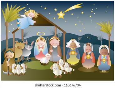 small nativity scene with holy family, a shepherd and magi