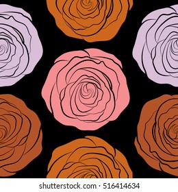 Small neutral, orange and pink rose flowers on a black background. Vector seamless floral pattern. Cute seamless pattern in small rose flowers.