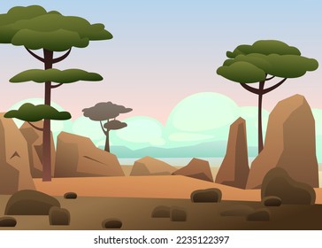Small oasis in desert. African acacia. Trees green foliage. Cartoon fun style. Flat design. Vector