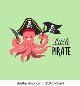 A small octopus pirate in a pirate cap, with a black flag