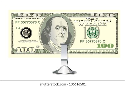 Small office desk stand with 100 american dollar banknote isolated on white