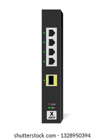 Small Office Switch (SOHO) with 4 10/100 / 1000Base-T ports, 1 1000Base-X SFP port in vertical orientation. Vector illustration.