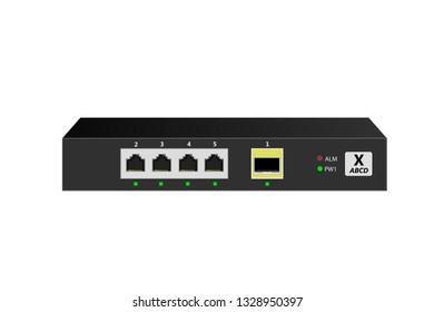 Small Office Switch (SOHO) with 4 10/100 / 1000Base-T ports, 1 1000Base-X SFP port in horizontal orientation. Vector illustration.