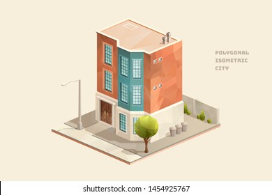 Small old fashioned New York tenement building home house, polygonal isometric city