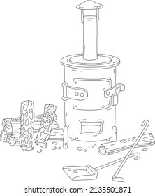 Small old iron stove with a chimney and chopped billets for a village house or a greenhouse, black and white outline vector cartoon illustration for a coloring book page