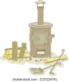 Small old iron stove with a chimney and chopped billets for a village house or a greenhouse, vector cartoon illustration isolated on a white background