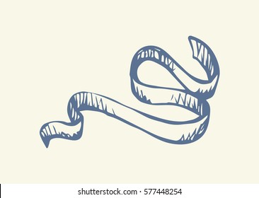 Small old silk spiral twirl serpentine roll isolated on white backdrop. Freehand ink hand drawn object sketchy in retro scribble style pen on paper. Closeup view with space for text