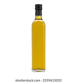 Small olive oil transparent glass bottle with cap vector mockup. Natural organic cooking oil golden glass bottle design. Extra virgin vegetarian oil container, 3d template with cap