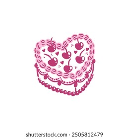 Small one tier cherry wedding cake in heart shape. Vintage dessert in a fancy hand drawn style. Isolated vector illustration.