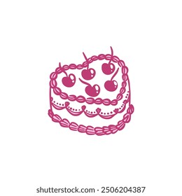 Small one tier cherry wedding cake in heart shape. Vintage dessert in a fancy hand drawn style. Isolated vector illustration. Suitable for invitations, posters, banners