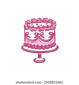 Small one tier wedding cake with decorative bows on a stand. Vintage dessert in a fancy hand drawn style. Isolated vector illustration.