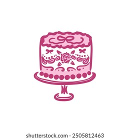 Small one tier wedding cake with floral decorations and bow on a stand. Vintage dessert in a fancy hand drawn style. Isolated vector illustration.