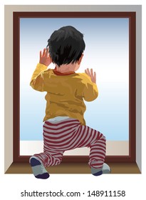 Small one year old child kneel and looking at window, waiting for mama. Color vector illustration.