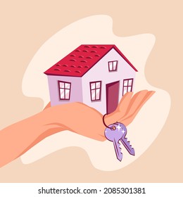 Small one-storied house in hand with keys. Conceptual home purchase or sale vector illustration in flat style. 
