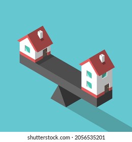 Small One-story, Bigger Two-story Isometric Houses On Balance. Comparison, Decision, Construction, Real Estate And Price Concept. Flat Design. EPS 8 Vector Illustration, No Transparency, No Gradients