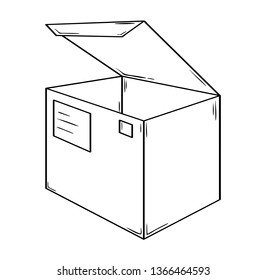 Small open box. Sketch of the paper or cardboard package with address ticket and post mark.