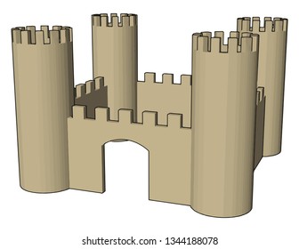A small open castle like structure as seen in movies. It has Four walls and four watch towers vector color drawing or illustration