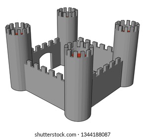 A small open castle like structure as seen in movies. It has Four walls and four watch towers vector color drawing or illustration