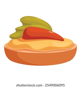 Small open faced sandwich with hummus, pepper and cream cheese topping, creating an appealing appetizer