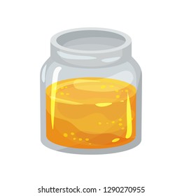 Small Open Glass Jar With Fresh Honey. Natural Product From Apiary Farm. Sweet And Healthy Food. Flat Vector Design