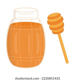 A small open glass jar with honey. A spoon for honey. Sweet and healthy food. Flat vector drawing.
