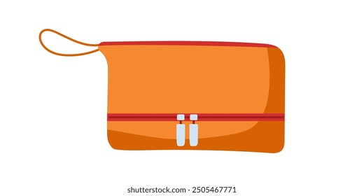 Small orange bag with strap. Equipment case isolated on white background. Office work or education tools, creativity equipment, makeup bag. Children stationery for writing and drawing