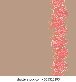 Small orange, beige and pink rose flowers. Vector seamless floral pattern with copy space (place for your text). Cute seamless pattern in vertical small rose flowers.