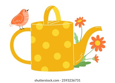 Small Orange Bird Sitting on Handle of Yellow Polka Dot Watering Can Among Wildflowers