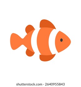A small orange clownfish with white stripes in a flat design style. Suitable for tropical reef scenes, kids' designs, or character illustration.