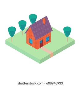 Small orange country house with trees in the yard