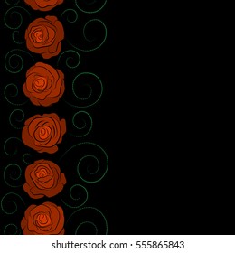 Small orange and green rose flowers. Vector seamless floral pattern with copy space (place for your text). Cute seamless pattern in vertical small rose flowers.