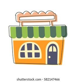 Small Orange Grocery Shop, Cute Fairy Tale City Landscape Element Outlined Cartoon Illustration