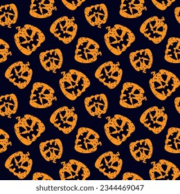 Small orange halloween pumpkins isolated on dark blue background. Cute monochrome seamless pattern. Vector simple flat graphic illustration. Texture.