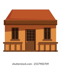 Ilustração pequena casa laranja com varanda e telhado de azulejos, representando arquitetura residencial suburbana