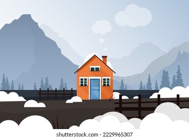 A small orange house in the Scandinavian style stands alone surrounded by mountains, forest and snow