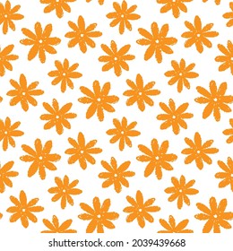 Small orange ink flowers isolated on white background. Cute monochrome floral seamless pattern. Vector simple flat graphic hand drawn illustration. Texture.