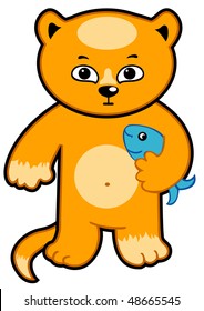Small orange kitten with a small fish in hands