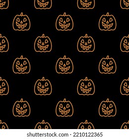 Small orange outline linear halloween pumpkins isolated on a dark black background. Cute monochrome festive seamless pattern. Vector simple flat graphic illustration. Texture.