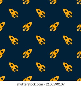 Small orange space rockets isolated on a dark blue background. Side view. Cute monochrome space seamless pattern. Vector simple flat graphic illustration. Texture.