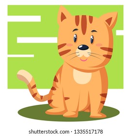 A Small orange tiger or cat sitting on grass in green background, vector, color drawing or illustration.