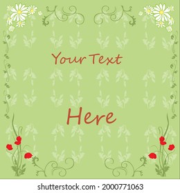 small orange vector flowers with green leaves pattern on green background. Postcard
