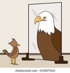 A small ordinary bird sees himself as an eagle in the mirror