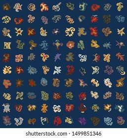 Small, ornamental, hand drawn patterns in strict grid format, forming ornate, modern pattern
