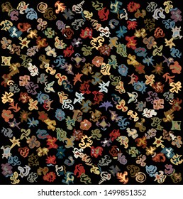 Small, ornamental, hand drawn patterns in strict grid format, forming ornate, modern pattern