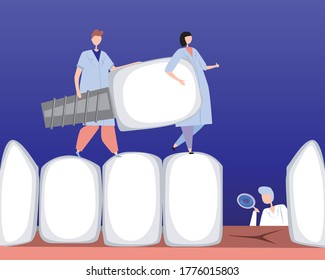 Small orthodontists, large teeth, tooth, an implant. Concept of orthodontic, dental services, tooth treatment. Installation of a dental implant, prosthetics. Flat vector stock illustration with tooth