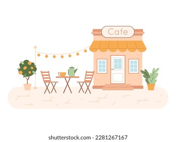 Pequeña cafetería exterior. Mesa y sillas en la calle con tetera y taza. Jardín acogedor con bombillas, flor y árbol con frutas en olla. Ilustración aislada del vector.