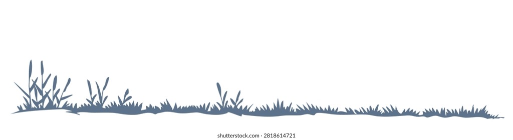 Small outline black ink pen hand drawn spring travel rock stone ground road trail path way retro paper art style. Closeup scenic view fresh lush green bio tuft eco grassy bush lake river valley coast scene text space artwork set frame design element